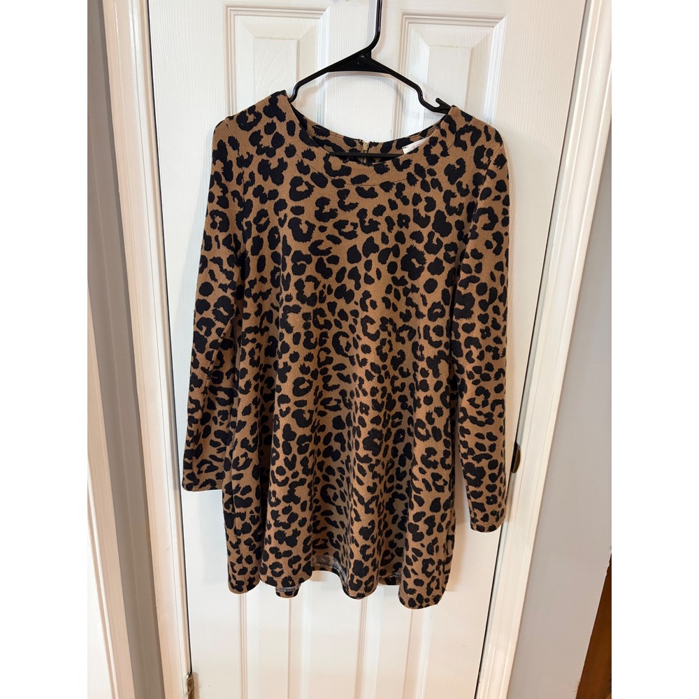 Peach Love California Tunic Dress Womens Large Brown Leopard Long Sleeve Zip